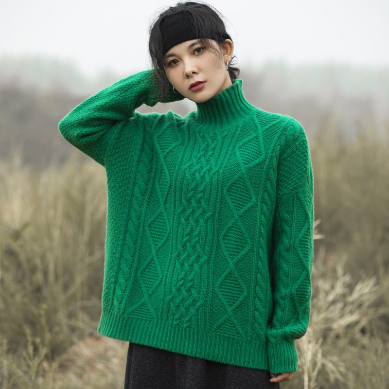 Womens Cable Knit Turtleneck Cashmere Sweater Chunky Cashmere Pullover