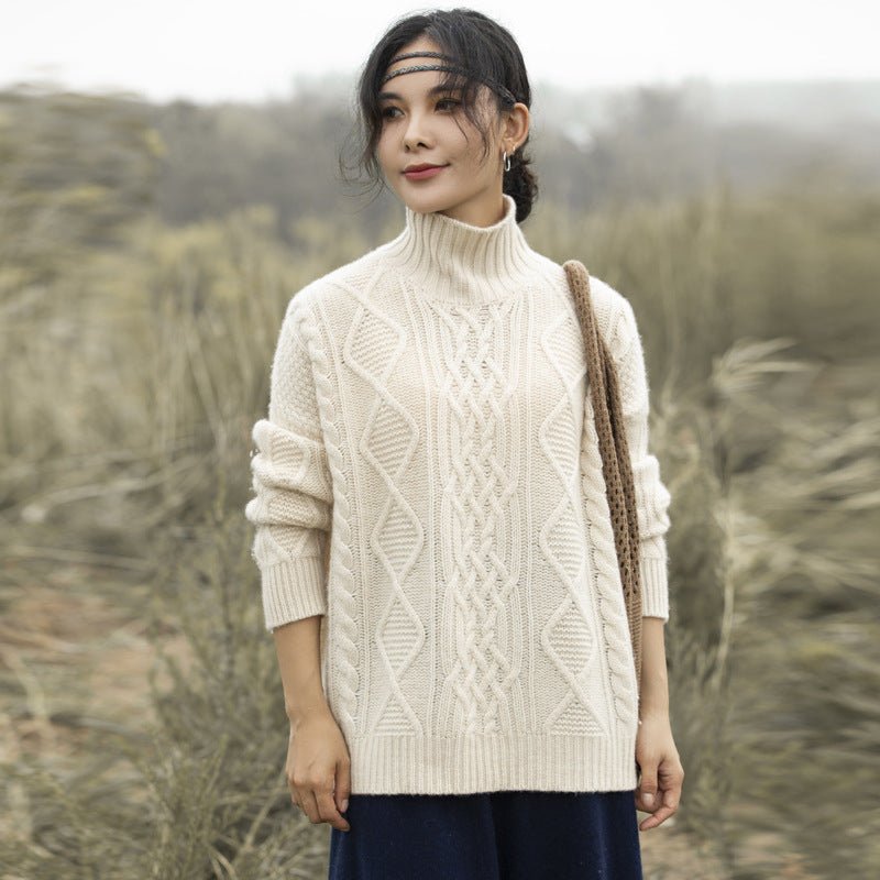 Womens Cable Knit Turtleneck Cashmere Sweater Chunky Cashmere Pullover