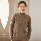 Womens Cable Knitted Cashmere Sweater Half Turtleneck Cashmere Blouses Taupe XS