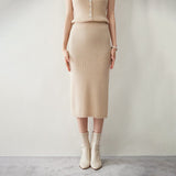 Womens Cashmere Ribbed Knit Midi Skirt High Waist Sheath Dresses