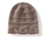 Womens Cashmere Beanie Cap with Cable Accents Cold Weather Cashmere Hat