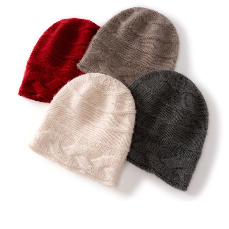 Womens Cashmere Beanie Cap with Cable Accents Cold Weather Cashmere Hat