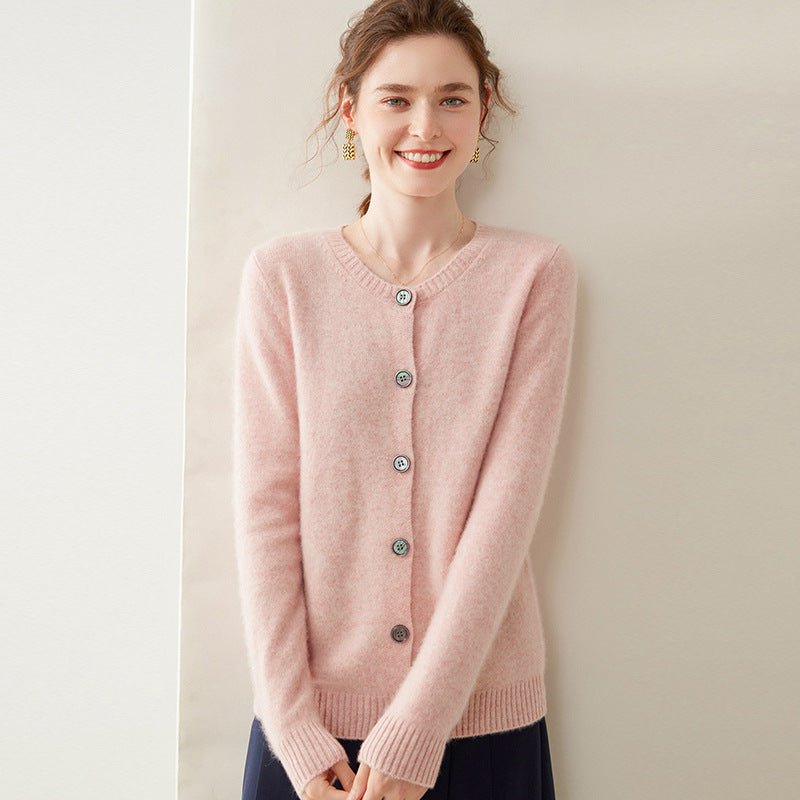 Womens Cashmere Cardigan Crew Neck Ribbed Neckline Cashmere Knit Sweater Pink XS