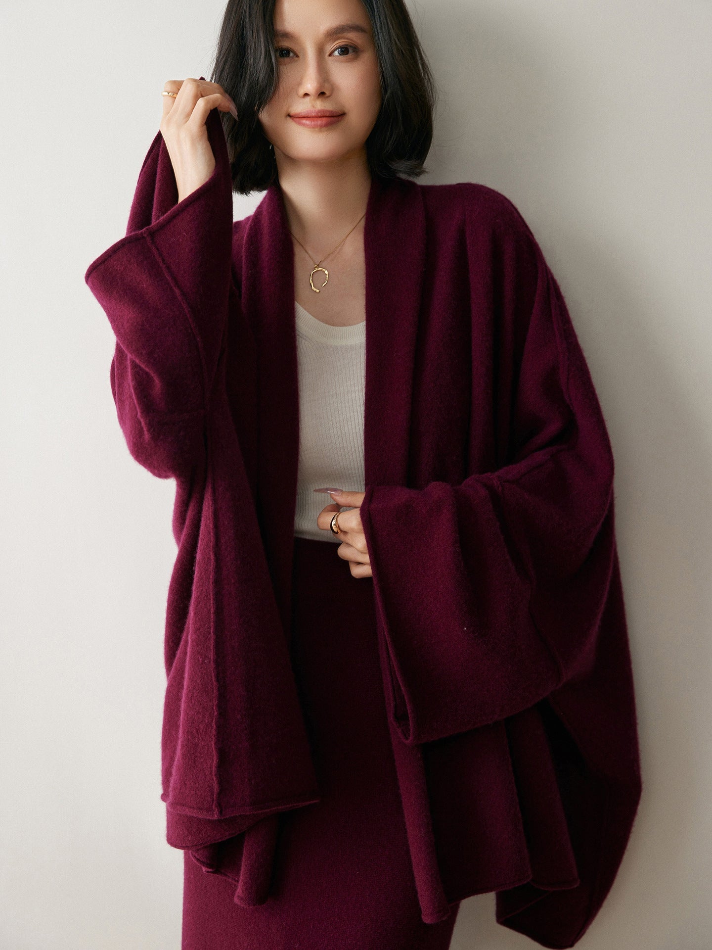 Womens Cashmere Cardigan Open Front Draped Long Sleeve Cashmere Knit Sweater Claret One size fits most