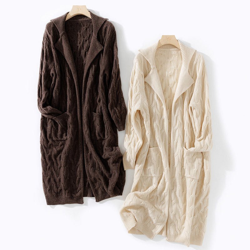 Womens Long Cable Knit Belted Pure Cashmere Cardigan Open - front Coat