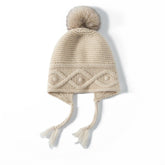 Womens Cashmere Hat with Pom Earflap Cashmere Beanie with Braided Ties