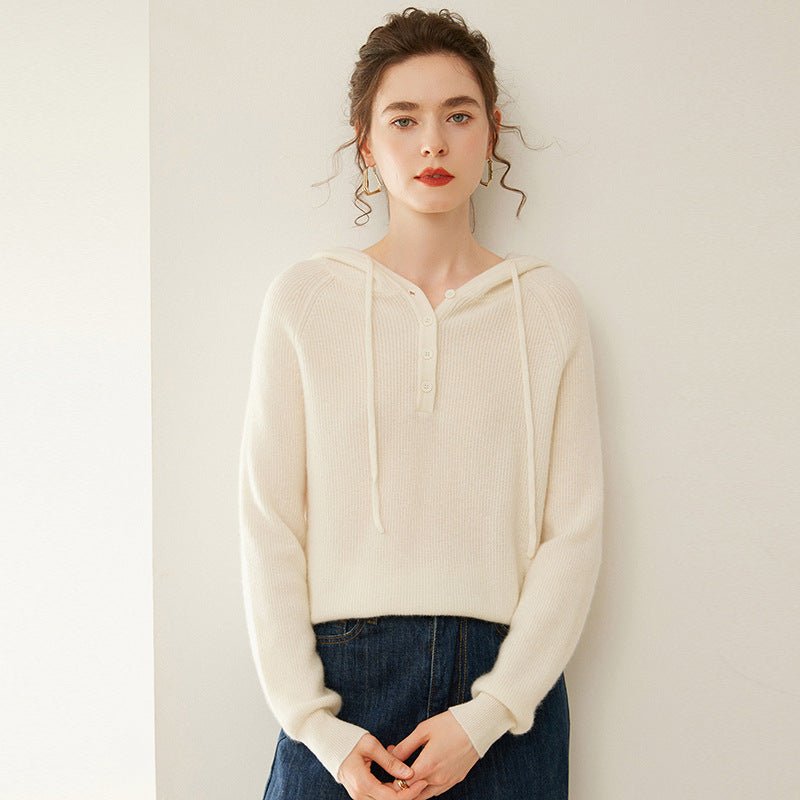 Womens Cashmere Hoodie Sweater Button Neck Cashmere Knit Pullover Ivory XS