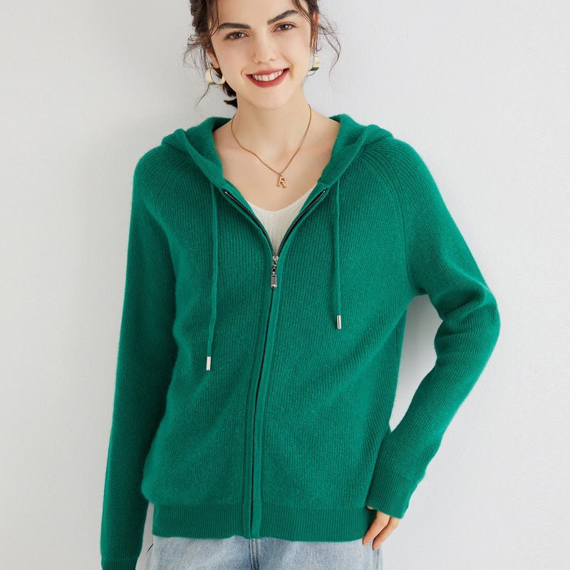 Womens Cashmere Zip - Up Hoodie Drawstring Knitted Cashmere Cardigan