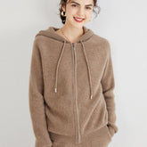 Womens Cashmere Zip - Up Hoodie Drawstring Knitted Cashmere Cardigan