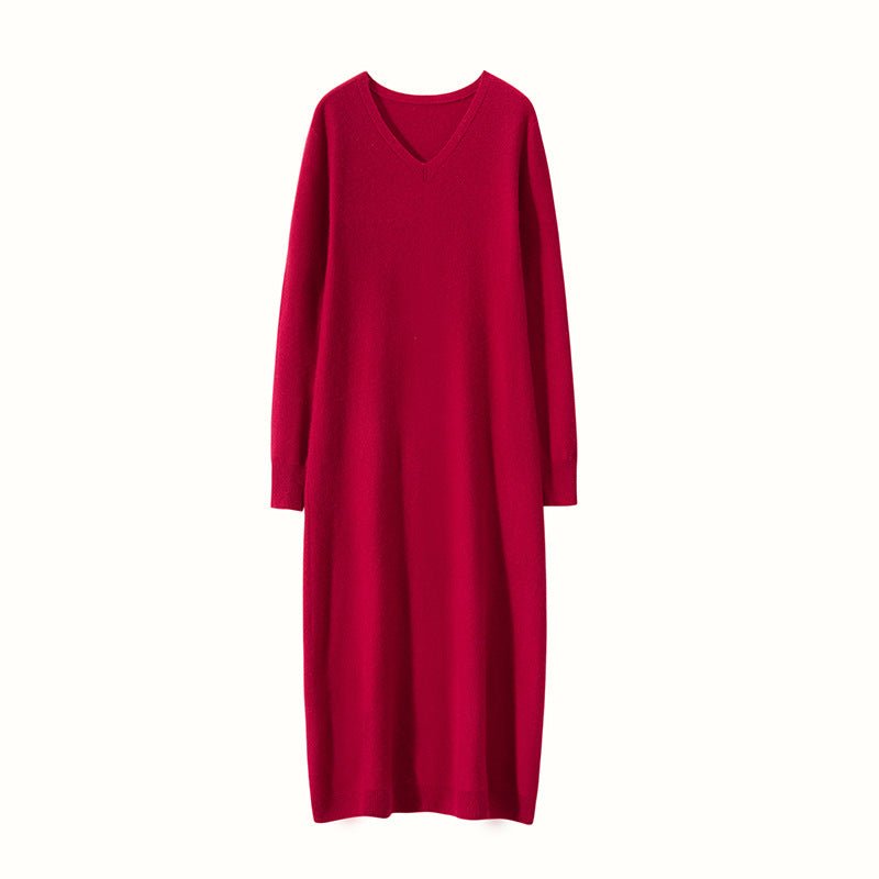 Womens Cashmere Knit Midi Dress Long Sleeve V Neck Cashmere Dress