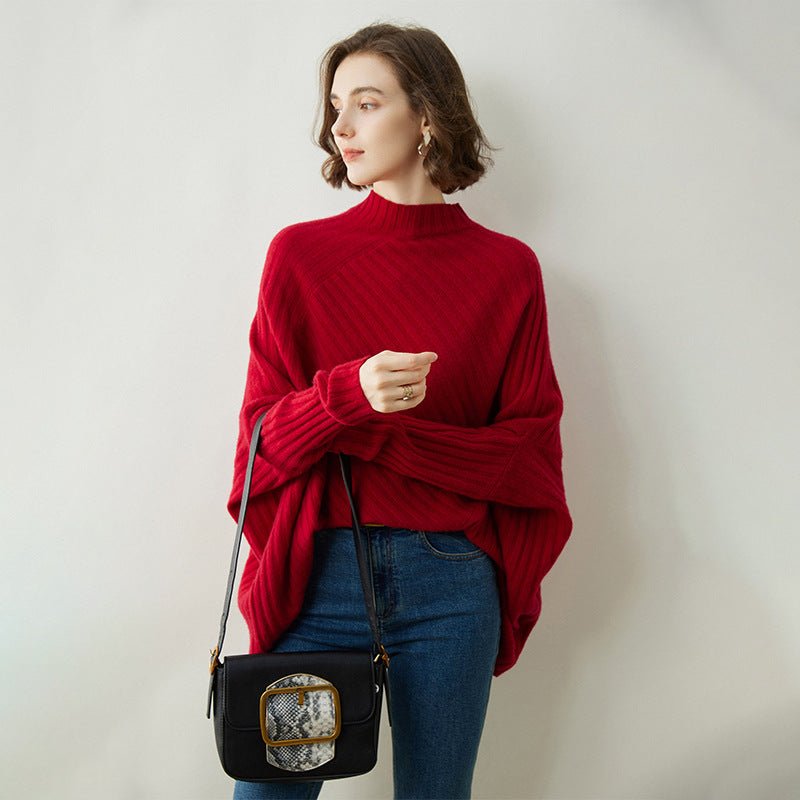 Womens Cashmere Poncho Sweater with Sleeves Ribbed Mock Neck Cashmere Cloak Claret One Size