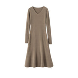Womens Cashmere Ribbed Knit Midi Dress V Neck Flared Hem Mermaid Dress