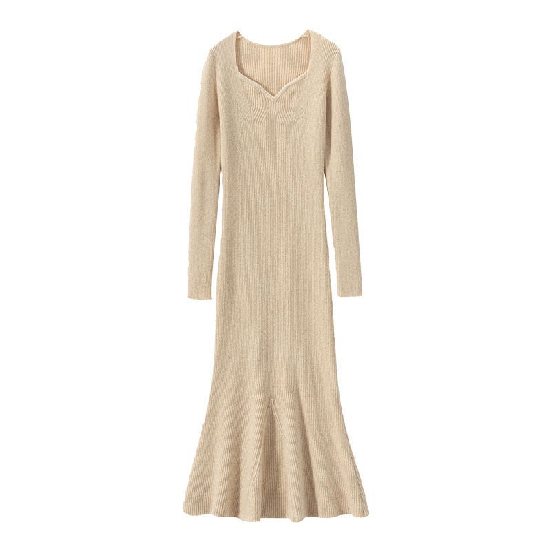 Womens Cashmere Sweater Dress Long Sleeve Ribbed Knit Cashmere Midi Dress Beige XS