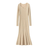Womens Cashmere Sweater Dress Long Sleeve Ribbed Knit Cashmere Midi Dress Beige XS