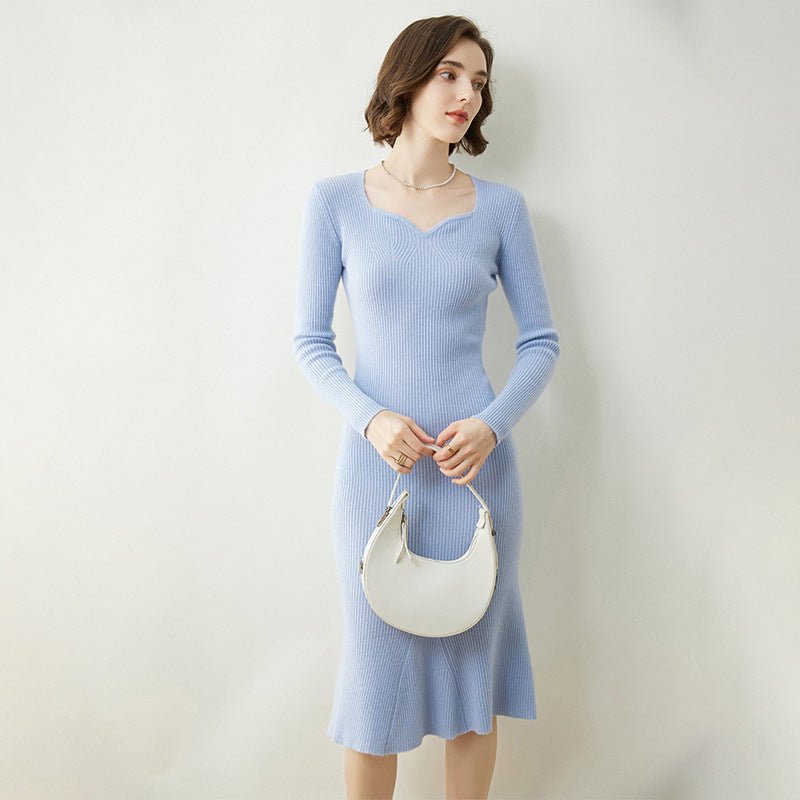 Womens Cashmere Sweater Dress Long Sleeve Ribbed Knit Cashmere Midi Dress Blue XS