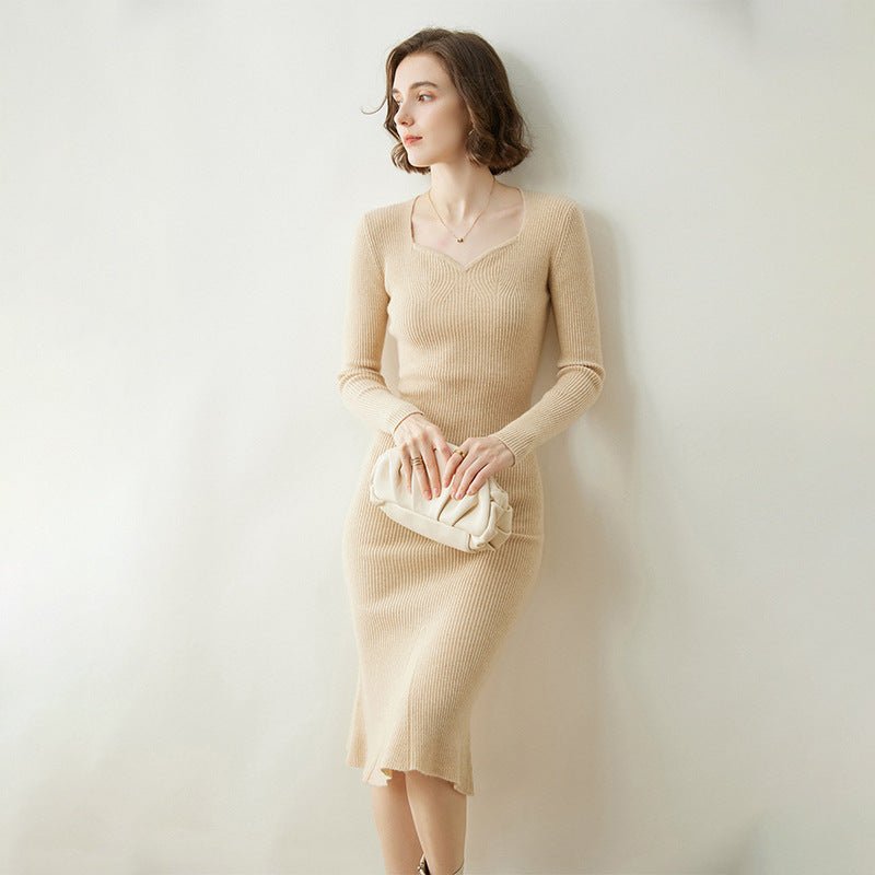 Womens Cashmere Sweater Dress Long Sleeve Ribbed Knit Cashmere Midi Dress Beige XS
