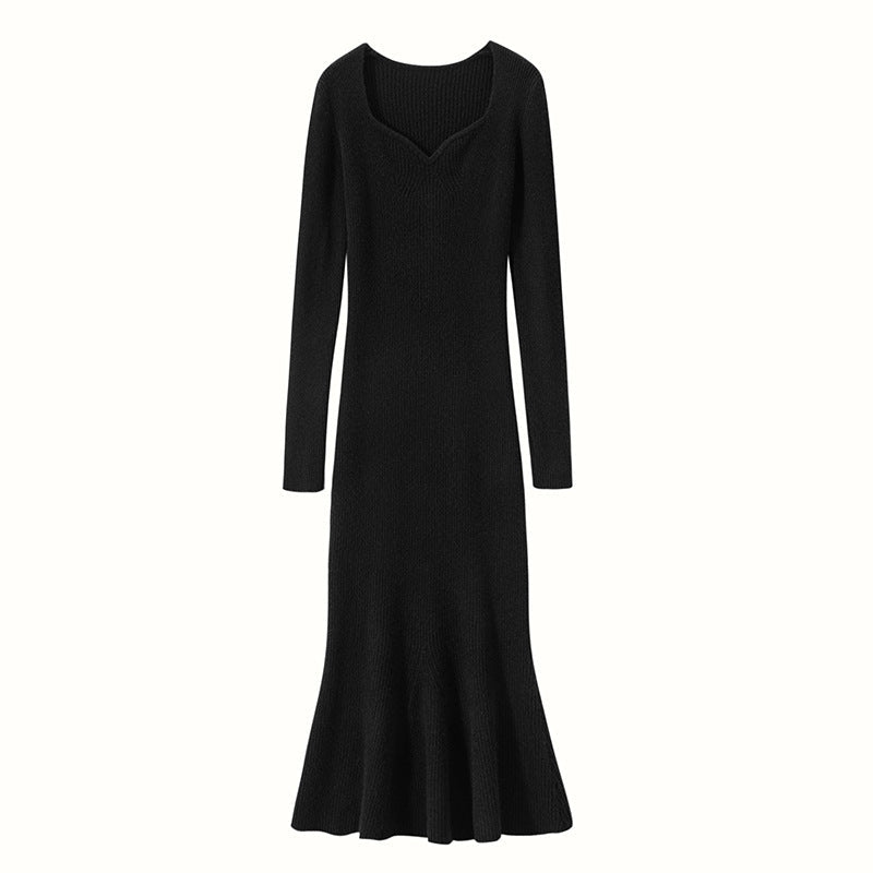 Womens Cashmere Sweater Dress Long Sleeve Ribbed Knit Cashmere Midi Dress Black XS