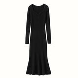 Womens Cashmere Sweater Dress Long Sleeve Ribbed Knit Cashmere Midi Dress Black XS
