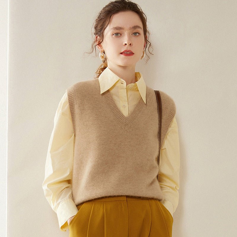 Womens Cashmere Sweater Vest Sleeveless Cashmere Knit Pullover Rib Hem Camel XS