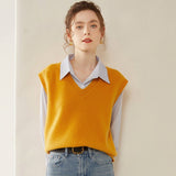 Womens Cashmere Sweater Vest Sleeveless Cashmere Knit Pullover Rib Hem Yellow XS