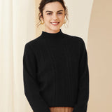 Women's Cashmere Sweater Warm Mock Neck Long Sleeve Cashmere Sweater Black XS