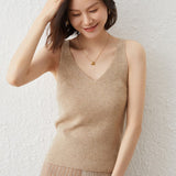 Womens Cashmere Tank Top V Necked Collar Casual Cashmere Tops Light Camel XS