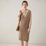 Womens Cashmere Vest Dress V Neck Cable Knit Sleeveless Cashmere Midi Dress Taupe XS
