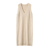 Womens Cashmere Vest Dress V Neck Cable Knit Sleeveless Cashmere Midi Dress Beige XS