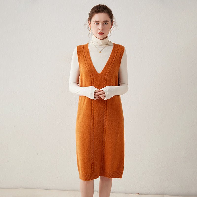 Womens Cashmere Vest Dress V Neck Cable Knit Sleeveless Cashmere Midi Dress Orange XS