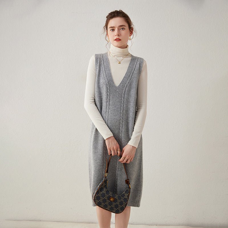 Womens Cashmere Vest Dress V Neck Cable Knit Sleeveless Cashmere Midi Dress Gray XS
