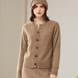 Womens Crew Neck Button - Up Cashmere Cardigan With Ribbed Trim