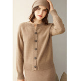 Womens Crew Neck Button - Up Cashmere Cardigan With Ribbed Trim