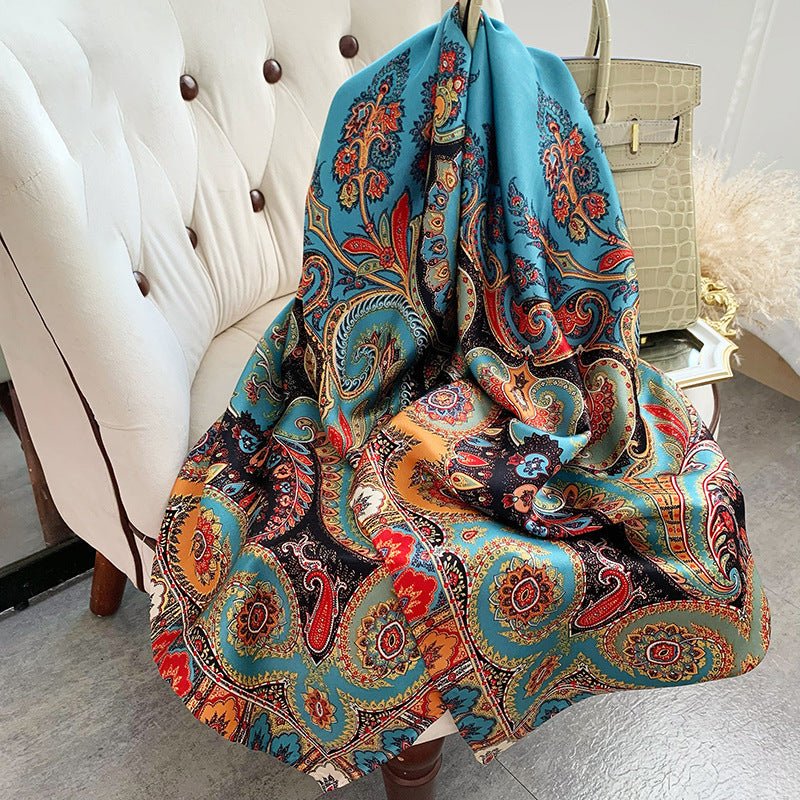 Womens Colorful Long Silk Scarf Landscape Print Square Silk Scarves