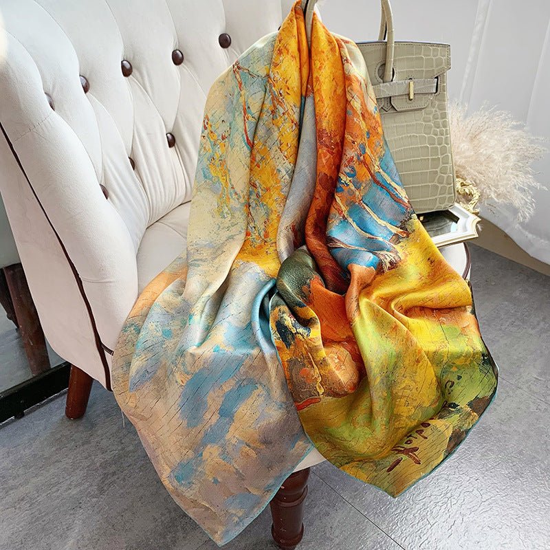 Womens Colorful Long Silk Scarf Landscape Print Square Silk Scarves Color I L