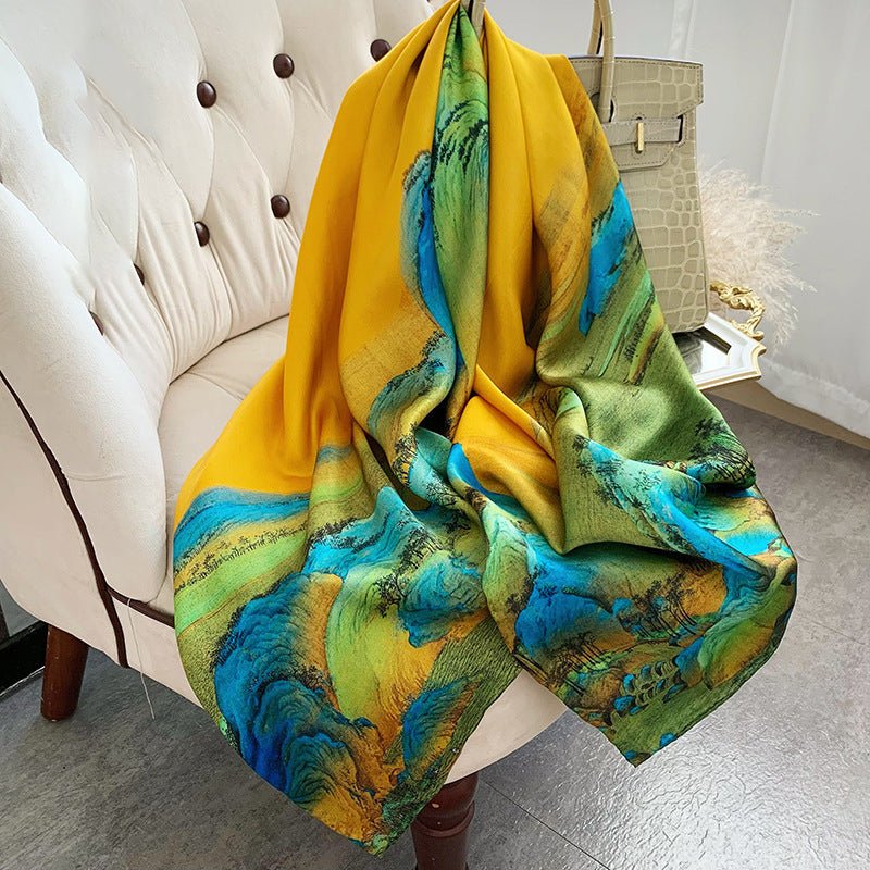 Womens Colorful Long Silk Scarf Landscape Print Square Silk Scarves