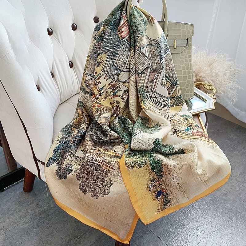Womens Colorful Long Silk Scarf Landscape Print Square Silk Scarves Color H L