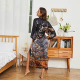 Women's Cranes Print Silk Kimono Robe Blossoms Silk Robe