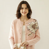 Womens Floral Embroidered Cashmere Cardigan Crew Neck Sunflower Coat