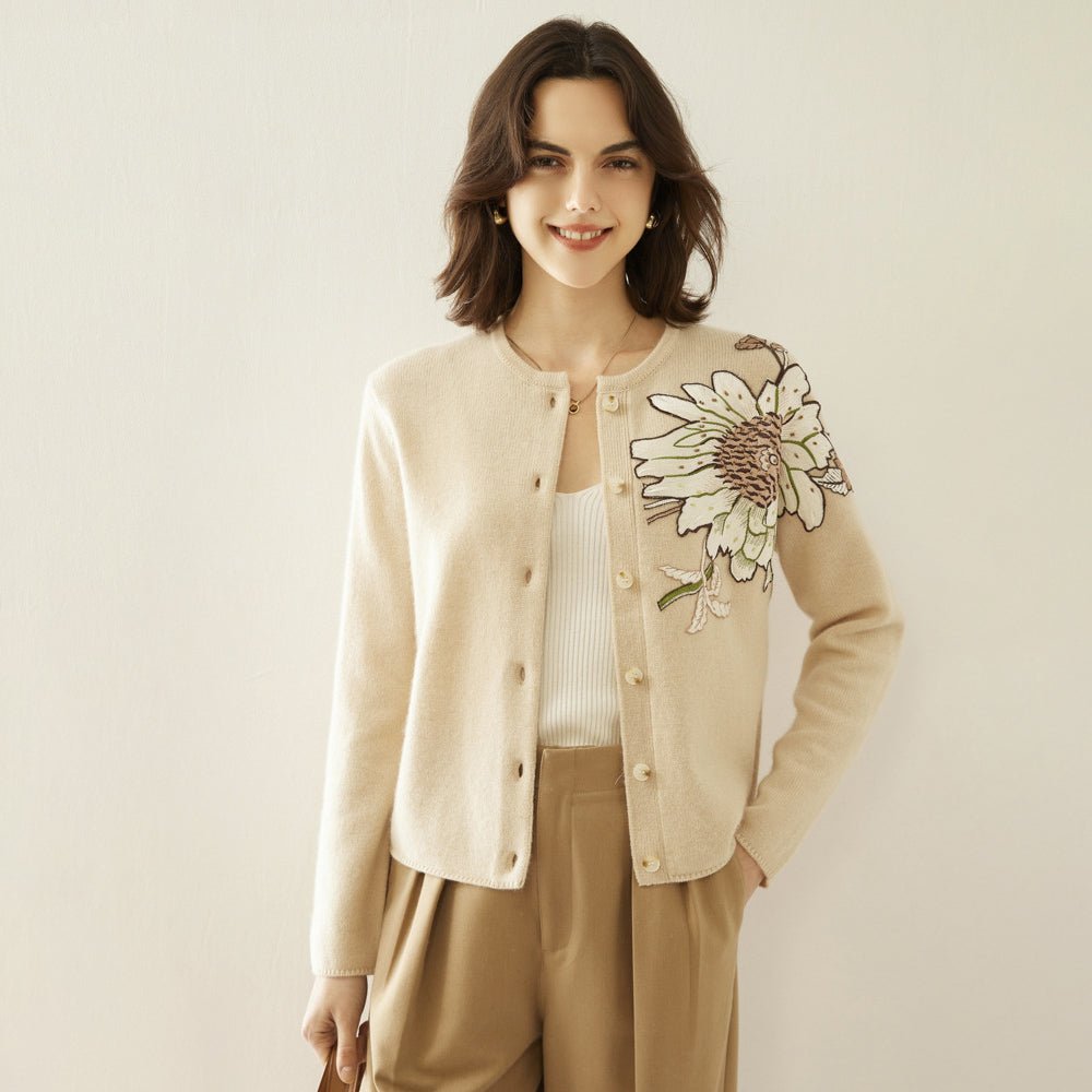 Womens Floral Embroidered Cashmere Cardigan Crew Neck Sunflower Coat