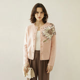 Womens Floral Embroidered Cashmere Cardigan Crew Neck Sunflower Coat