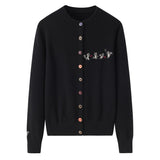 Womens Embroidered Cashmere Cardigan Colorful Button Crew Neck Coat