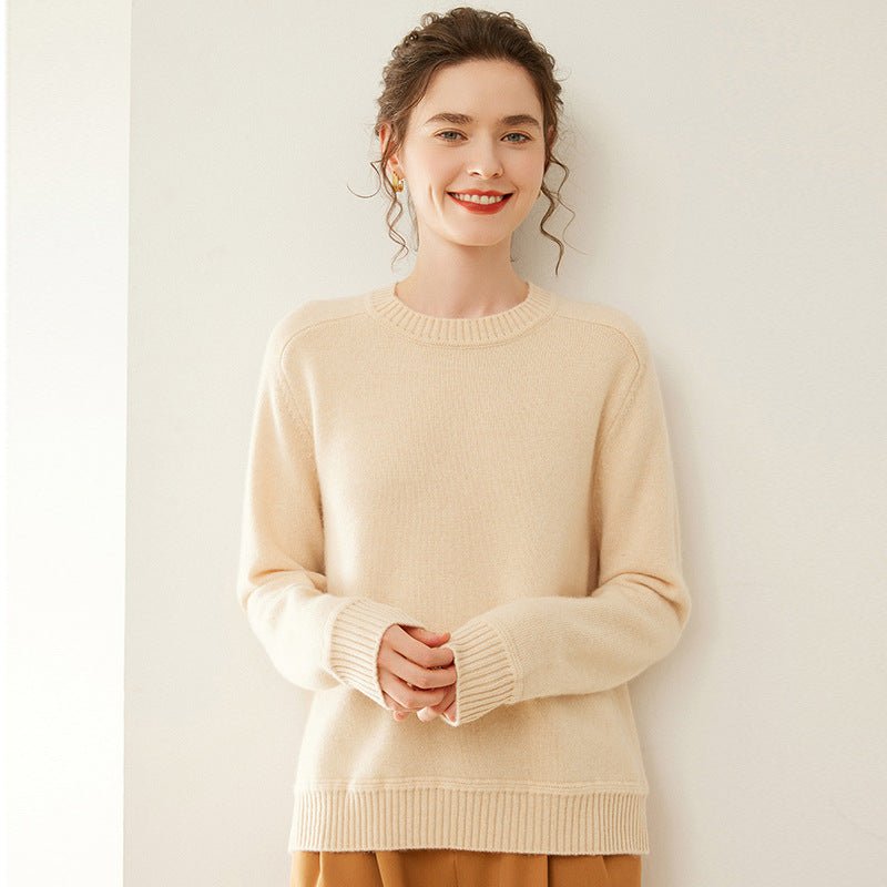 Womens Crew Neck Cashmere Raglan Sweater Cashmere Blouse Ribbed Hem Beige XS