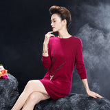 Womens Crew Neck Cashmere Sweater Dress with Deer Embroidery