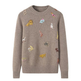 Womens Crew Neck Cashmere Sweater Playful Animal Embroidery Pullover