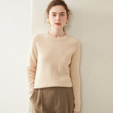 Womens Crew Neck Cashmere Sweater Ribbed Texture Cashmere Pullover Beige XS