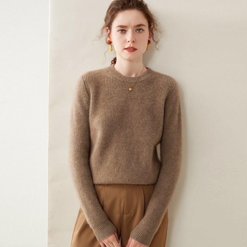 Womens Crew Neck Cashmere Sweater Ribbed Texture Cashmere Pullover Taupe XS
