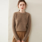 Womens Crew Neck Cashmere Sweater Ribbed Texture Cashmere Pullover Taupe XS