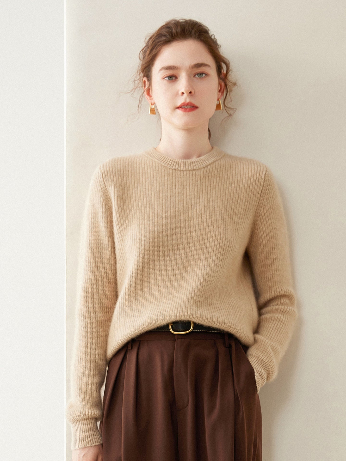 Womens Crew Neck Cashmere Sweater Ribbed Texture Cashmere Pullover Beige XS