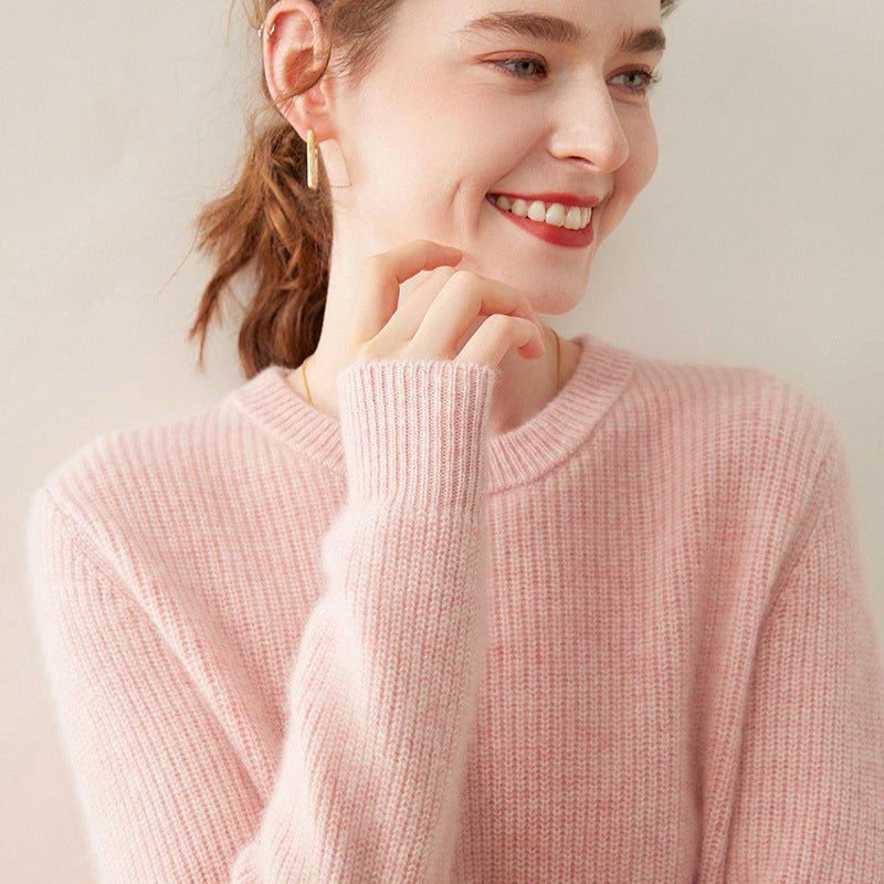 Womens Crew Neck Cashmere Sweater Ribbed Texture Cashmere Pullover Pink XS