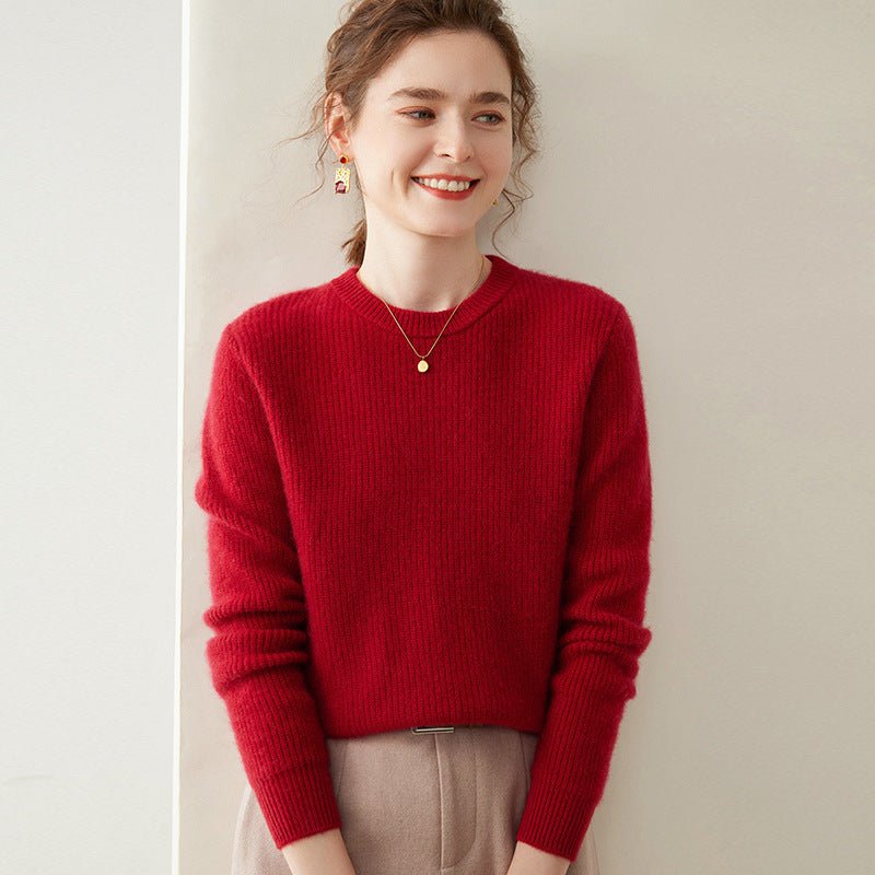 Womens Crew Neck Cashmere Sweater Ribbed Texture Cashmere Pullover Claret XS